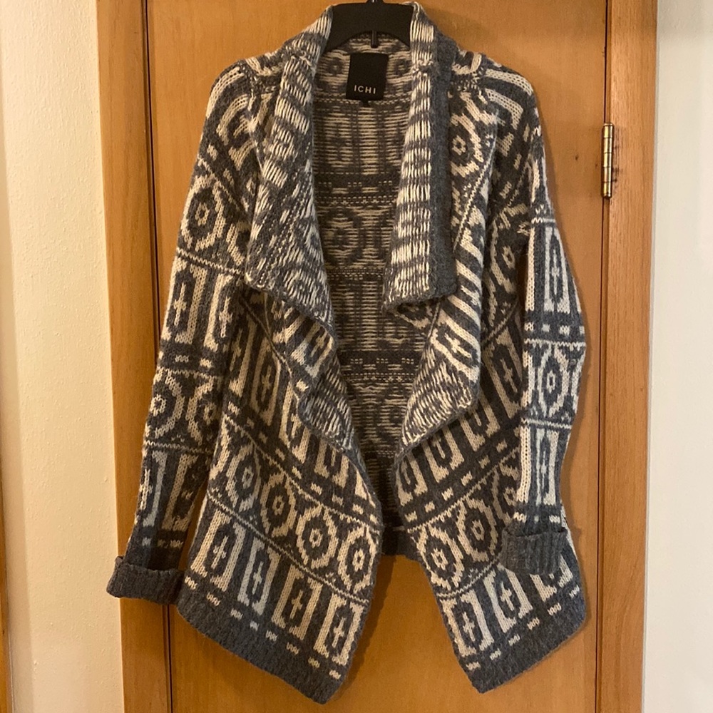 ICHI Anthropologie Waterfall Open Front Cardigan Sweater Southwestern Gray XS S